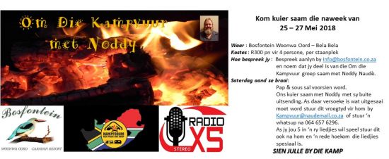 Kom kuier saam die naweek van  25 – 27 Mei 2018 - Bosfontein